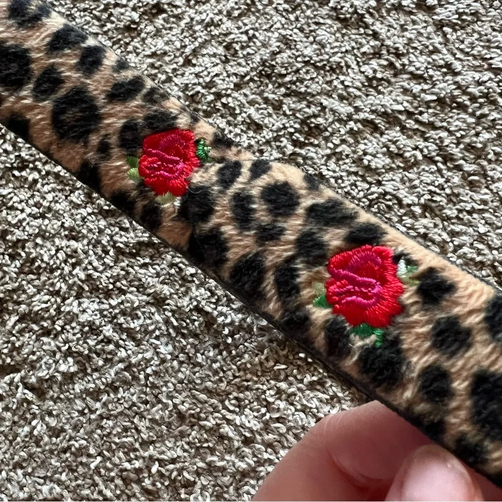 Leopard Print Belt with Red Rose Embroidery - Women Accessories